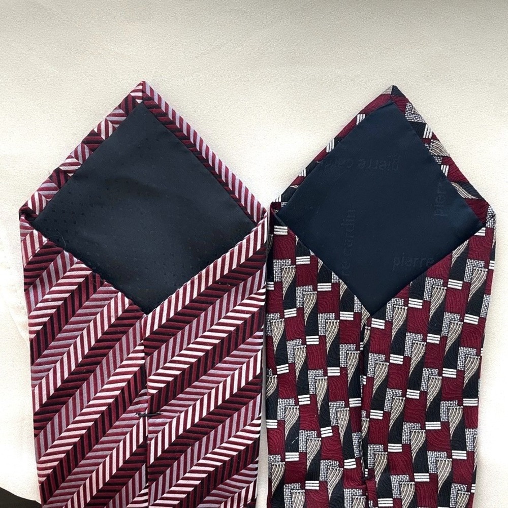 Pierre Cardin Mens Silk Tie Burgundy Geometric Striped Designer Neckties (2pc) - Picture 4 of 7